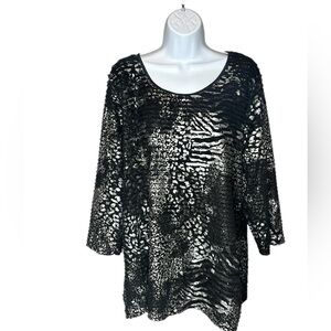 JM Collection Sequined Stretchy Animal Print Ruffled Top -2X